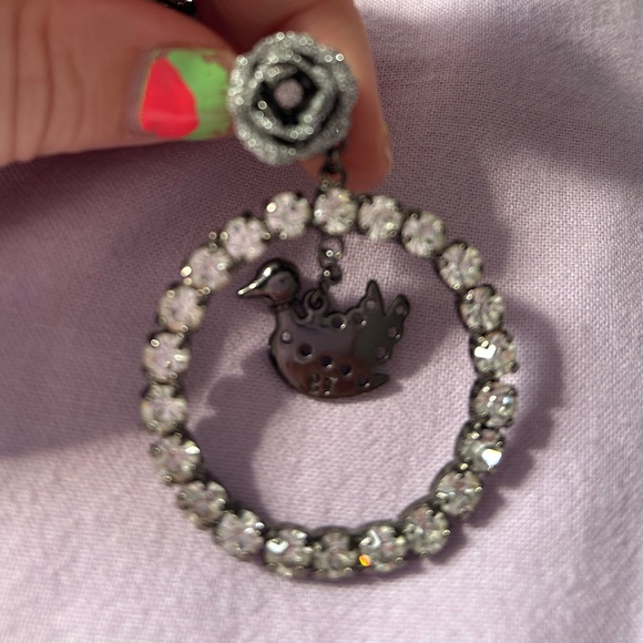 Betsey Johnson Rose Hoop Rhinestone Earrings with bird/duck - Picture 3 of 5